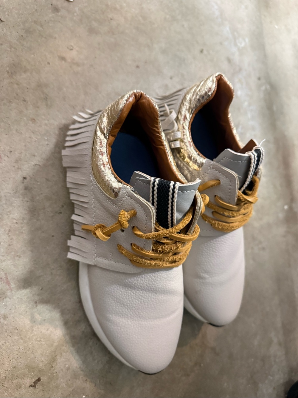 ShuShop White and Gold Fringe Lace-Up Women's Sneakers